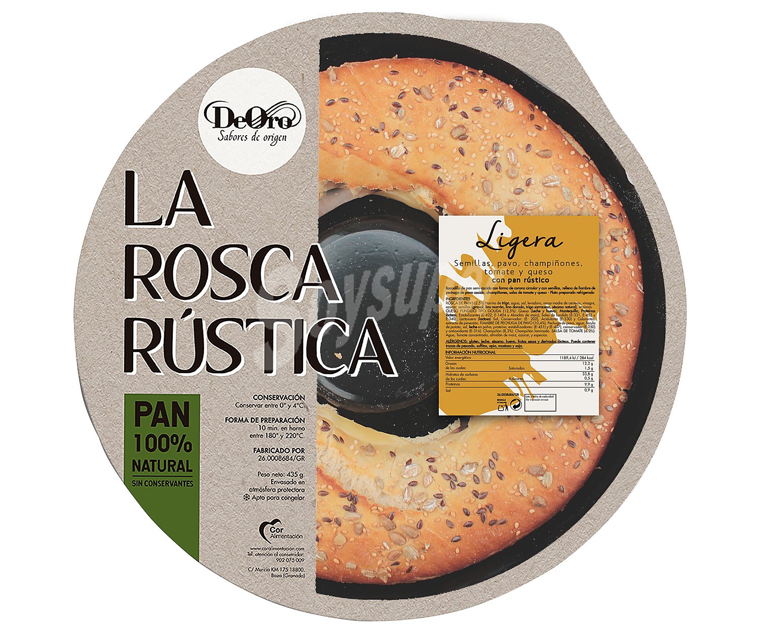 Rosca ligera de pan rústico con semillas rellena de pavo, champiñones, tomate y queso