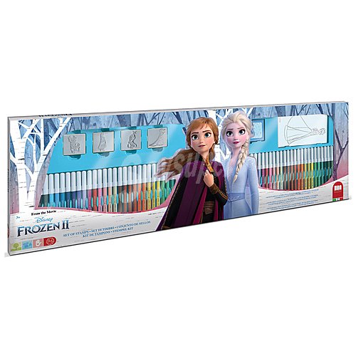 Caja megacoloring con 4 tampones de tinta, 60 rotuladores, 1 album y 30 pegatinas, frozen 2