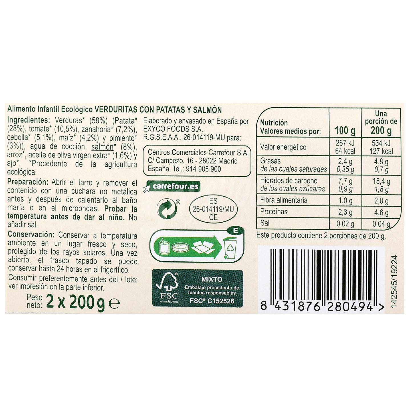 Tarrito de verduritas con papata y salmón desde 8 meses ecológico Carrefour Baby Bio sin gluten