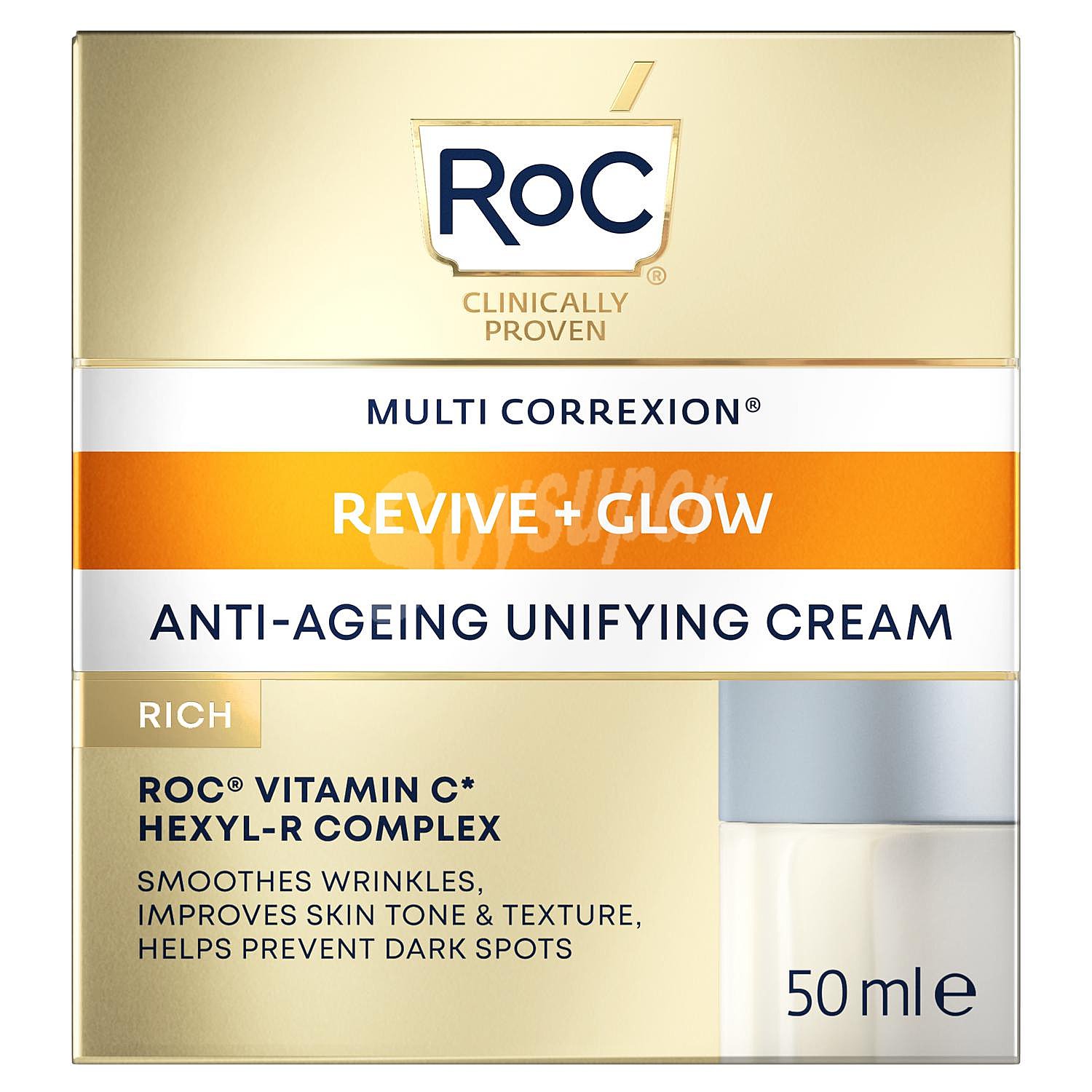 Crema facial antiedad unificadora rica en vitamina C Multi Correxion Revive + Glow Roc