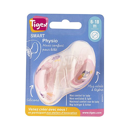 Pack 2 chupetes fisiológicos de silicona para bebes de 6 a 18 meses, color rosa, tigex.