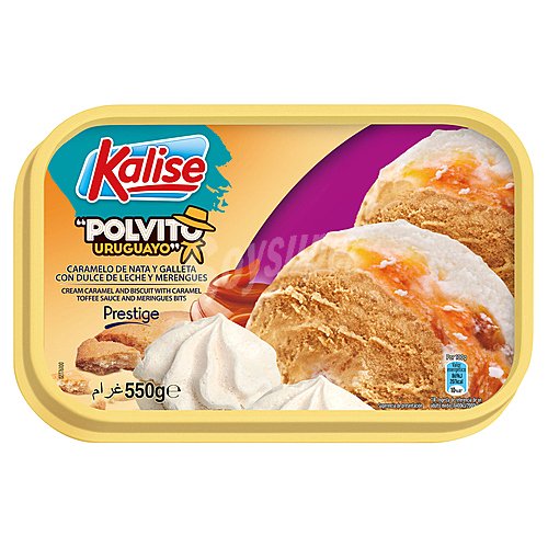 Kalise Tarrina de helado con sabor a galleta y caremelo, con trocitos de merengue y salsa de dulce de leche kalise