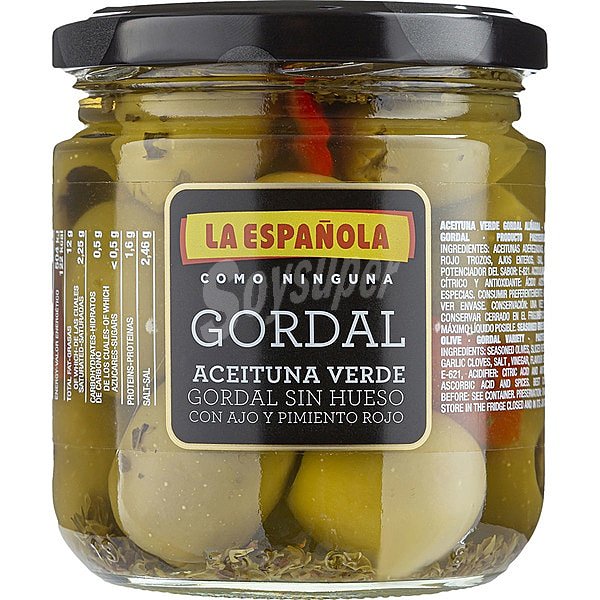 Aceitunas verdes gordal sin hueso con ajo y pimiento rojo