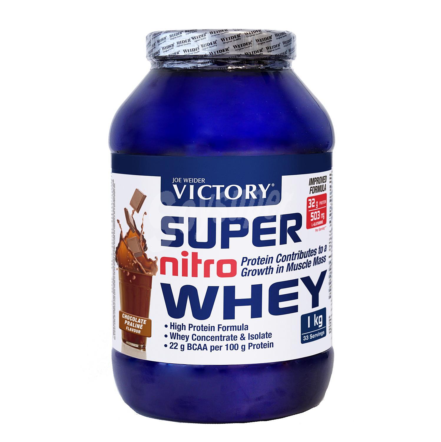 Complemento alimenticio alto en proteínas sabor chocolate y avellana Super Nitro Whey Victory