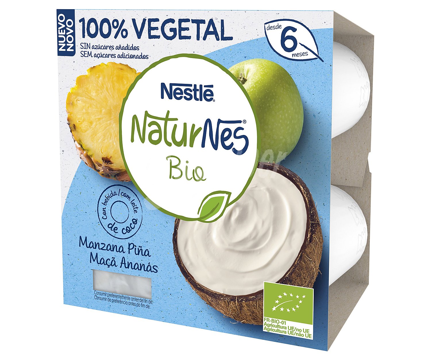 Postre lácteo vegetal con manzana, piña y agua de coco, ecológiconestlé Naturnes bio