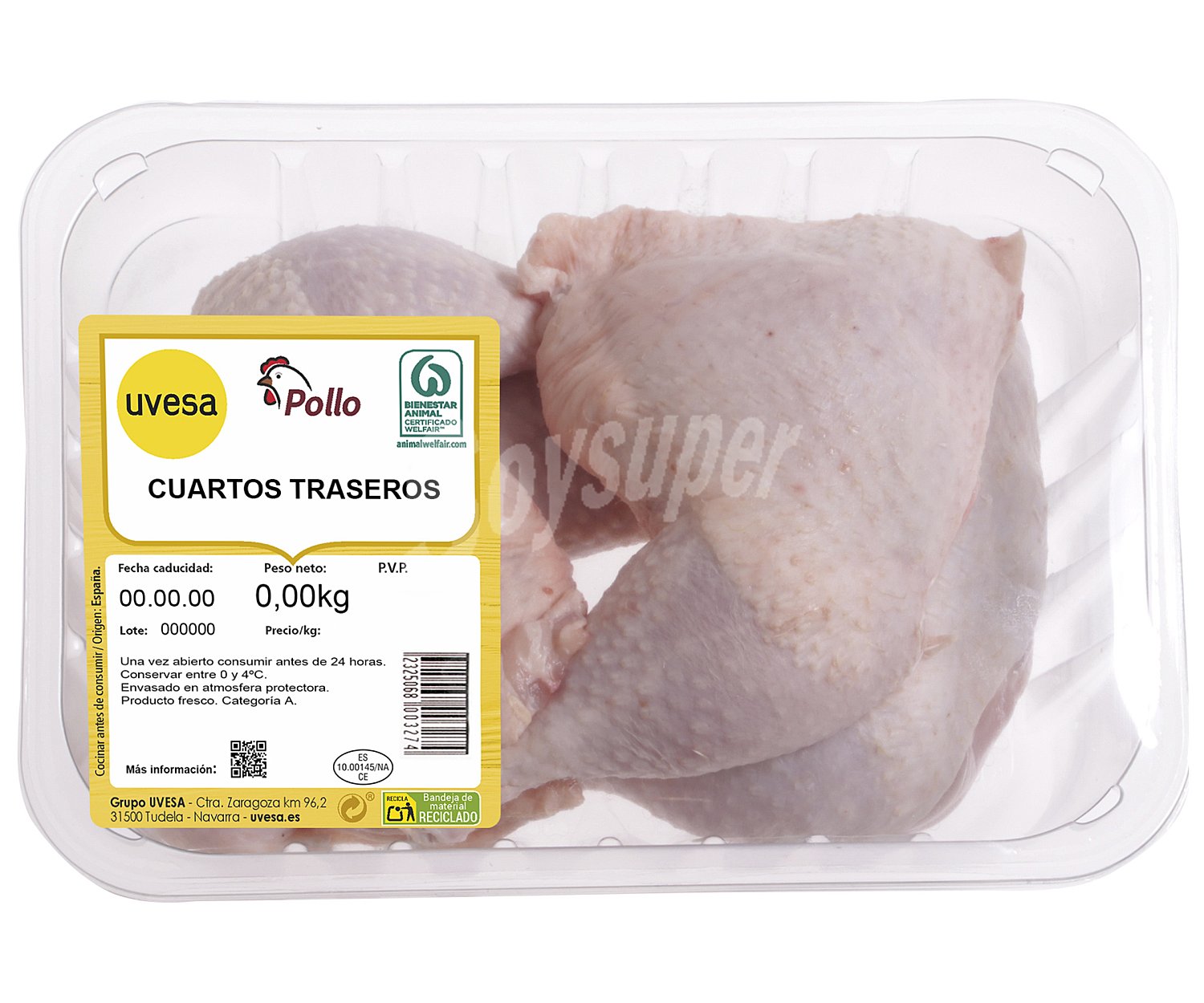 Bandeja con cuartos traseros de pollo blanco con piel