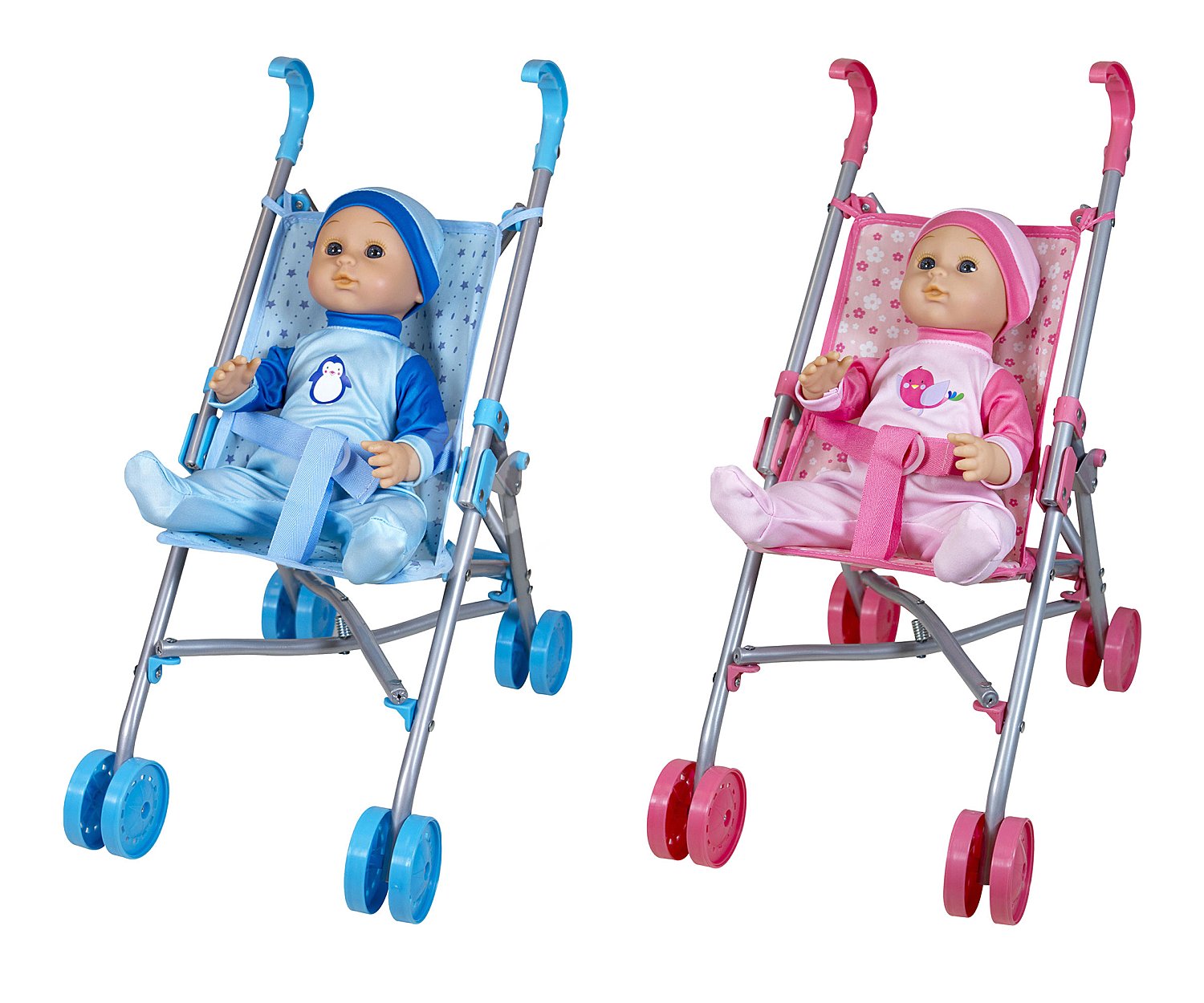 Muñeco bebé de 35cm mas carrito de paseo, disponible rosa o azul,