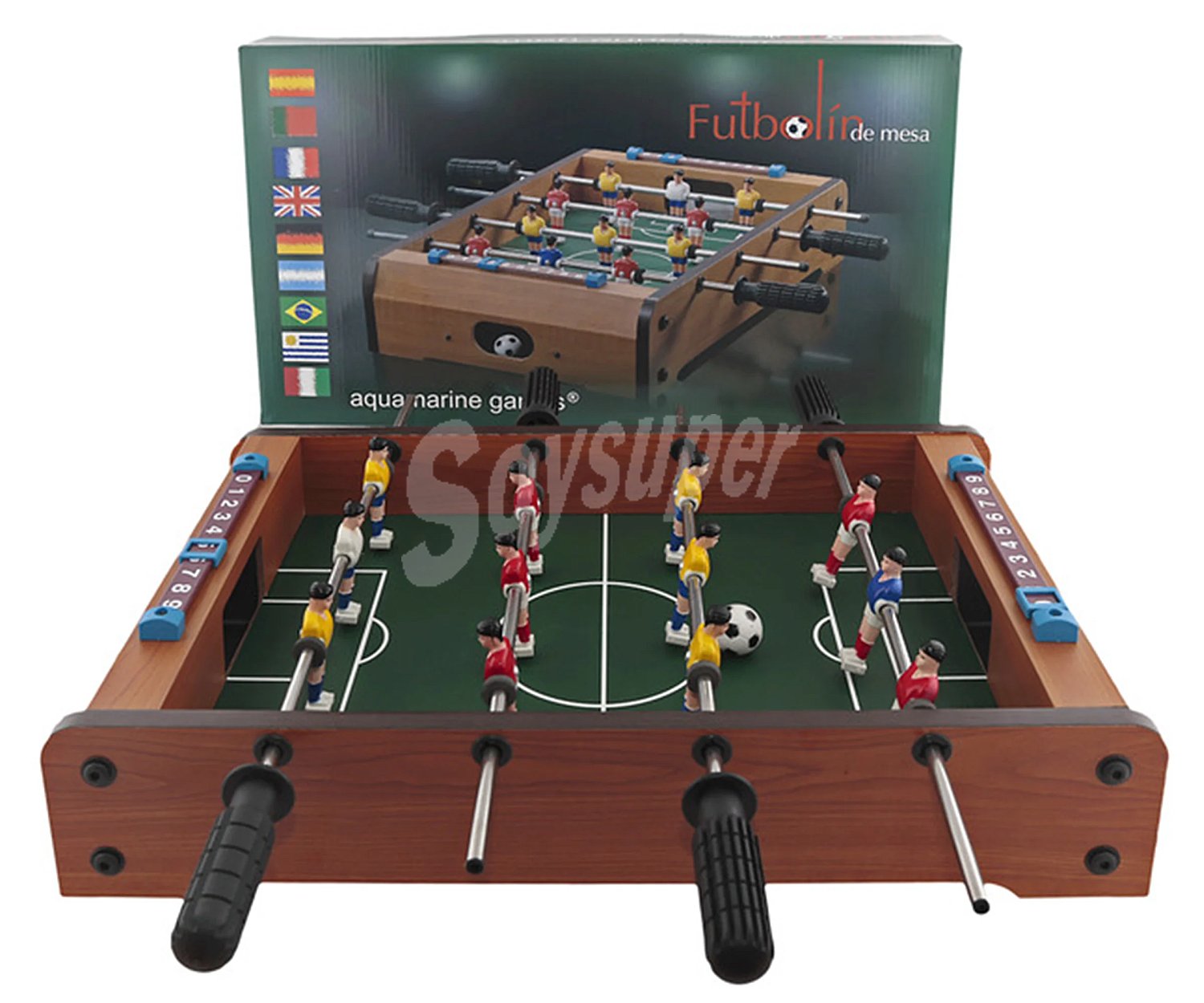 Futbolín de mesa fabricado en madera, plástico y metal