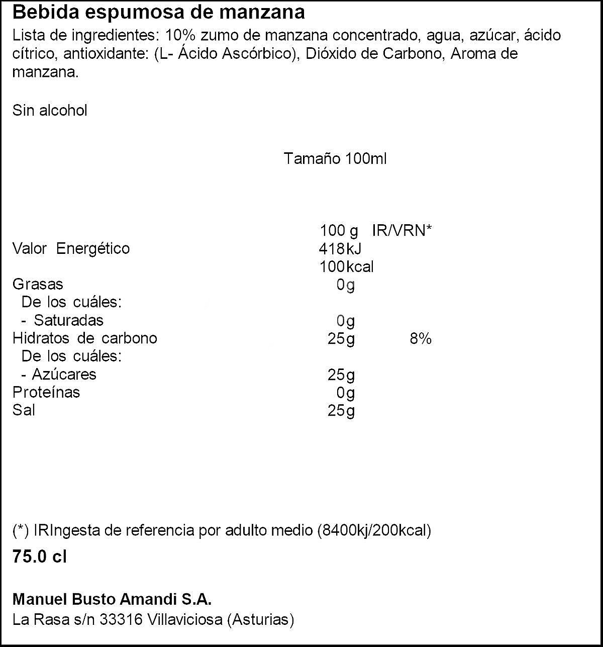 Refresco de manzana sin azúcar con gas (envase de vidrio)