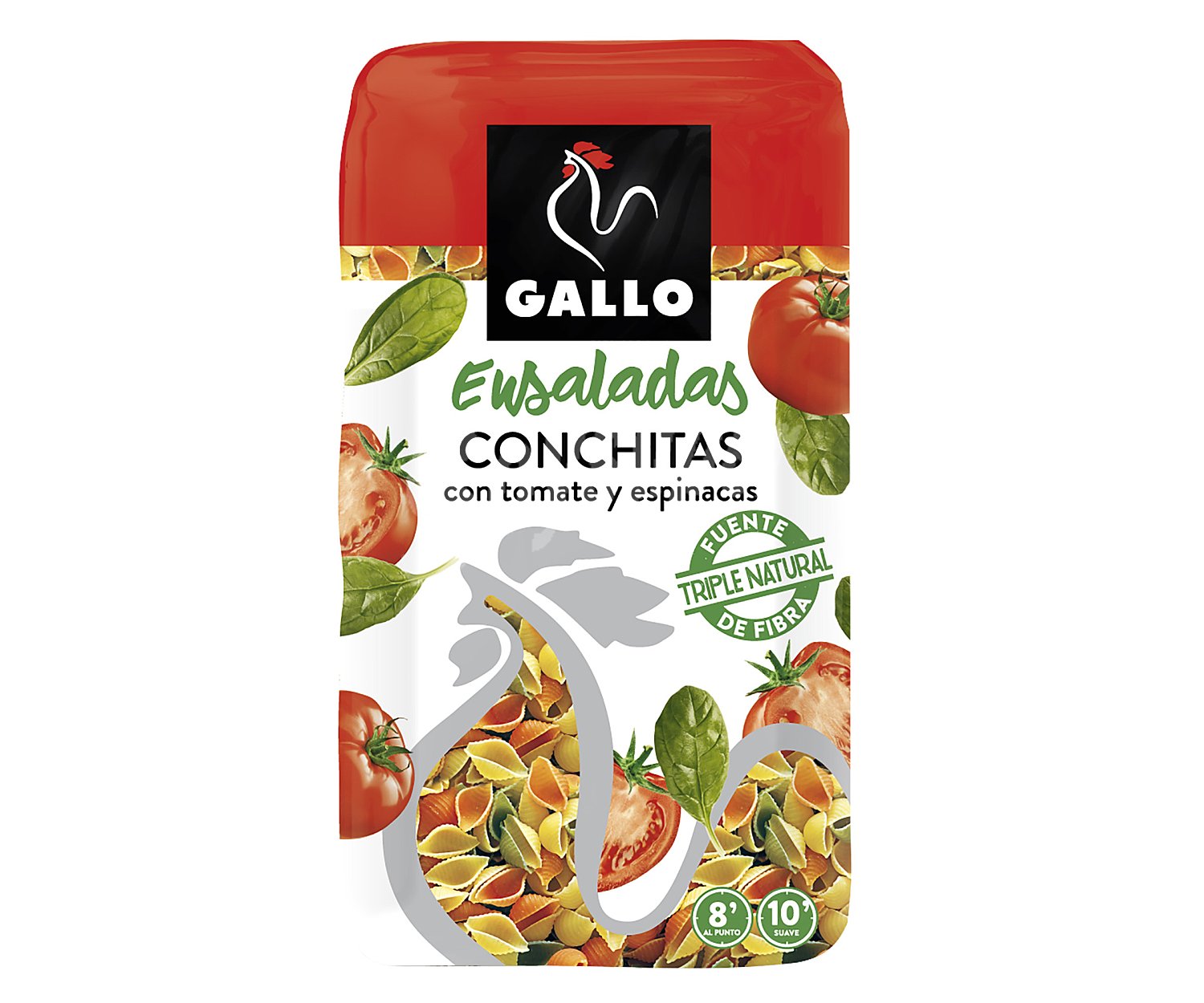 Ensalada, conchitas con tomate y espinacas