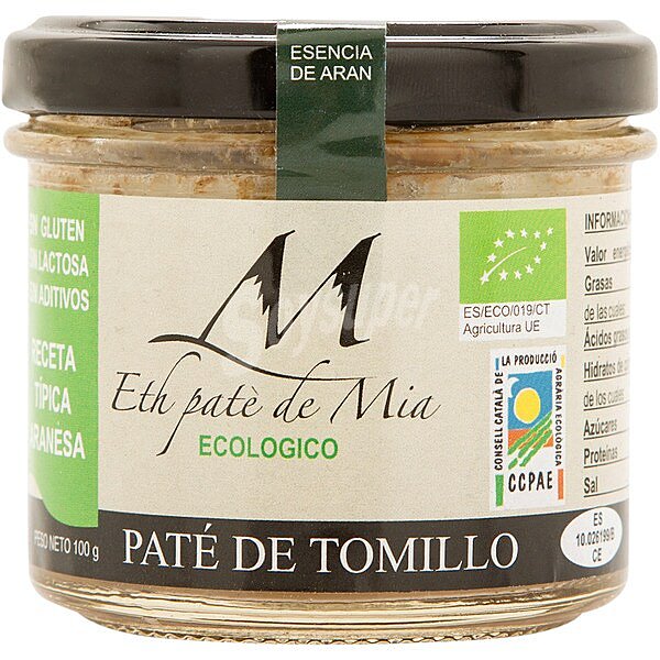 Paté de tomillo ecológico sin gluten y sin lactosa