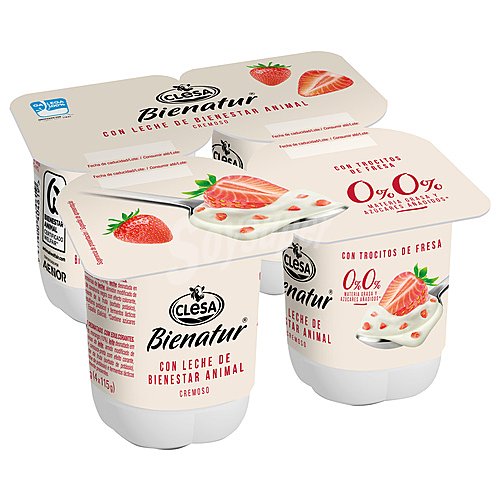 Clesa Yogur cremoso desnatado (0% materia grasa) con leche de bienestar animal y trocitos de fresas clesa Bienatur