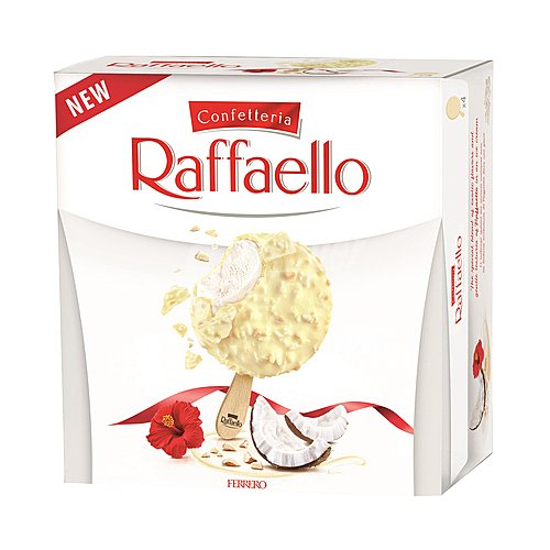 Raffaello Bombon de helado de coco, recubierto de coco y trozos de avellana raffaello