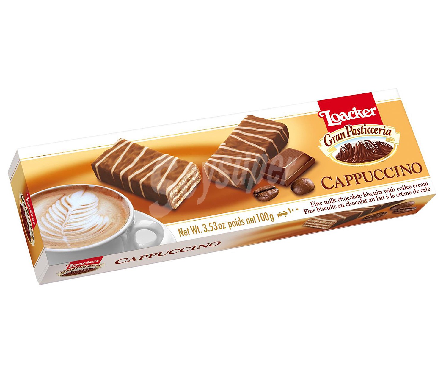 Galletas tipo bizcocho bañado en chocolate y relleno con crema sabor a cappuccino