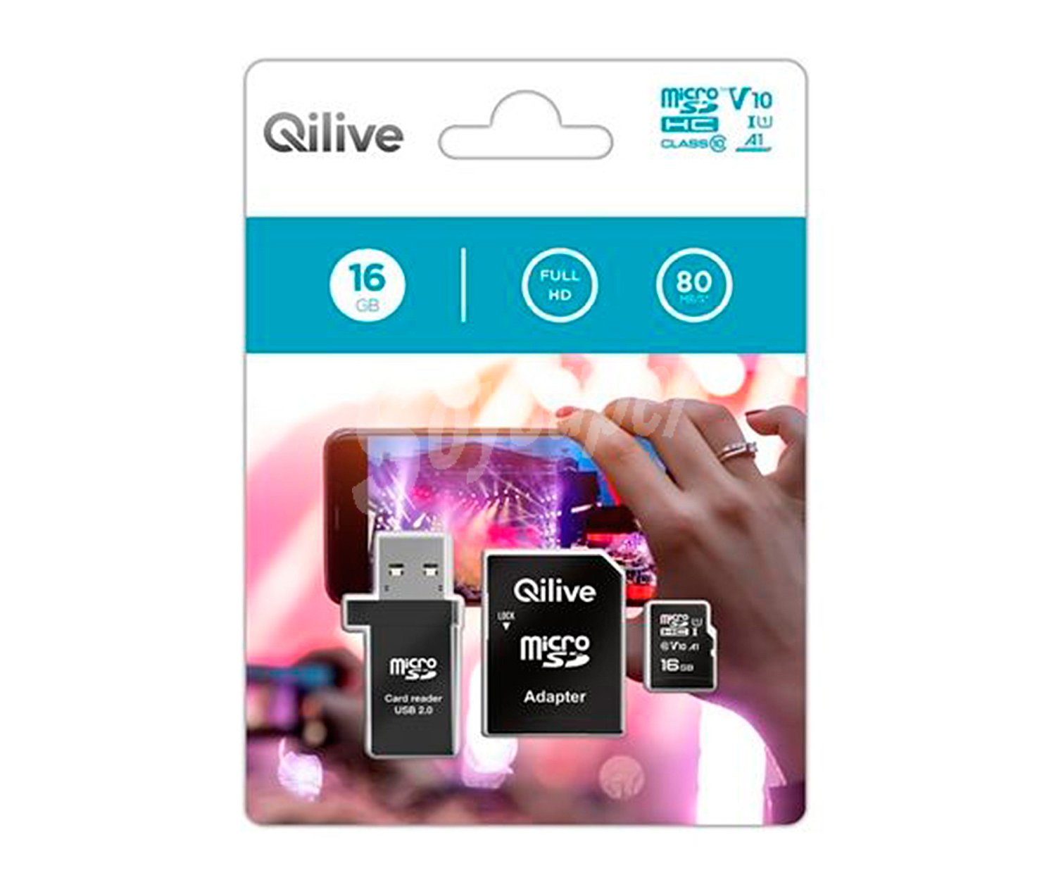 Tarjeta de memoria qilive 16GB microsdhc UHS-U1 V10, 80Mb/s, Clase 10 + Lector de tarjetas