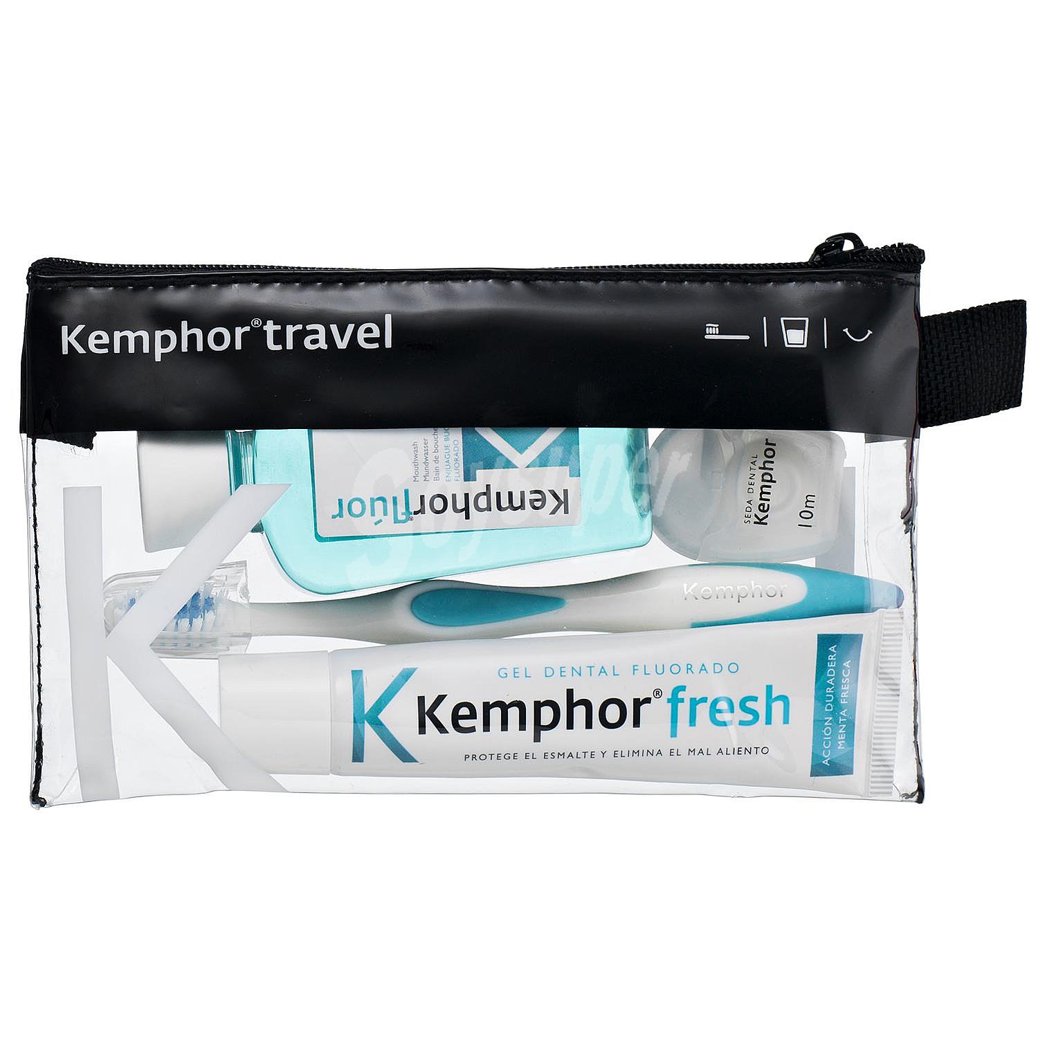 Neceser higiene dental Fresh Kemphor Travel: enjuague bucal fluorado , seda dental, cepillo de dientes y dentífrico 25 ml