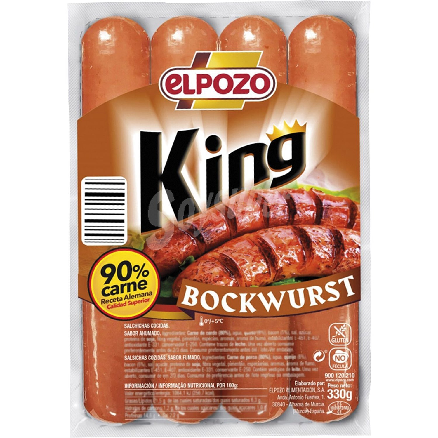 King salchichas Bockwurst cocidas de cerdo sabor ahumado sin gluten 4 piezas