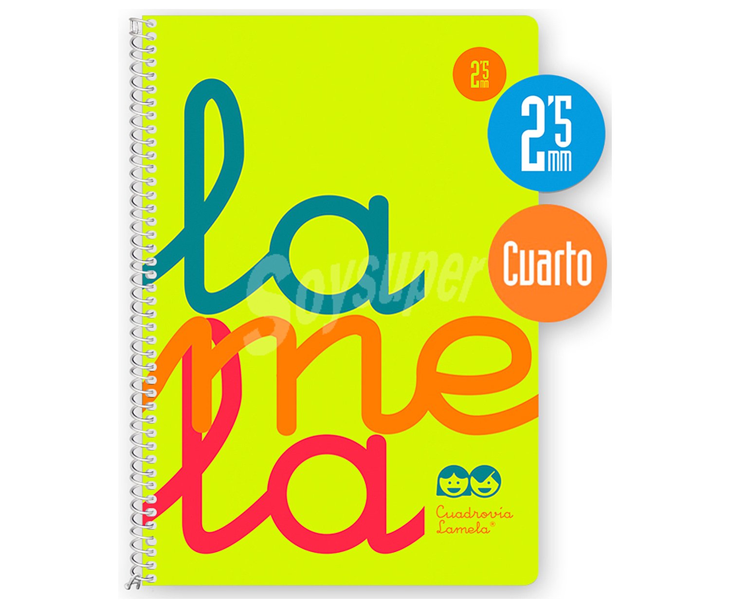 Cuaderno de espiral tamaño cuarto con 80 hojas de cuadrovía 2,5mm, 90gr. Cubierta polipropileno en colores surtidos.