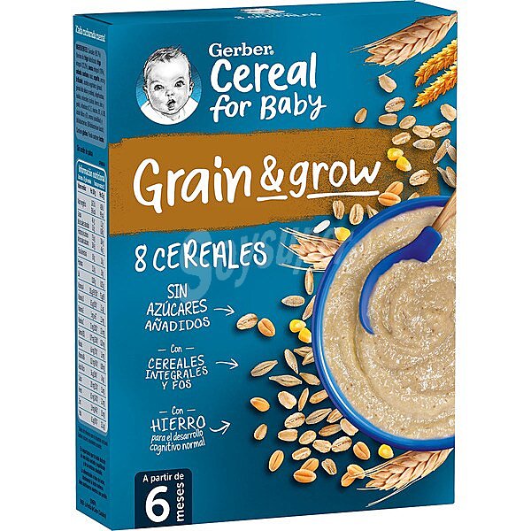 Grain & grow papilla 8 cereales sin azúcares con cereales integrales caja 250 g a partir de 6 meses