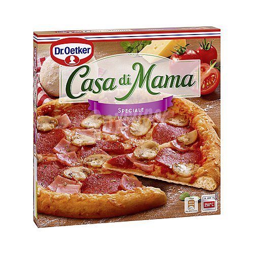 DR. oetker Pizza de quesos Gouda y Edam, salami, champiñón y jamón cocido con sabor ahumado DR. oetker Casa di mama