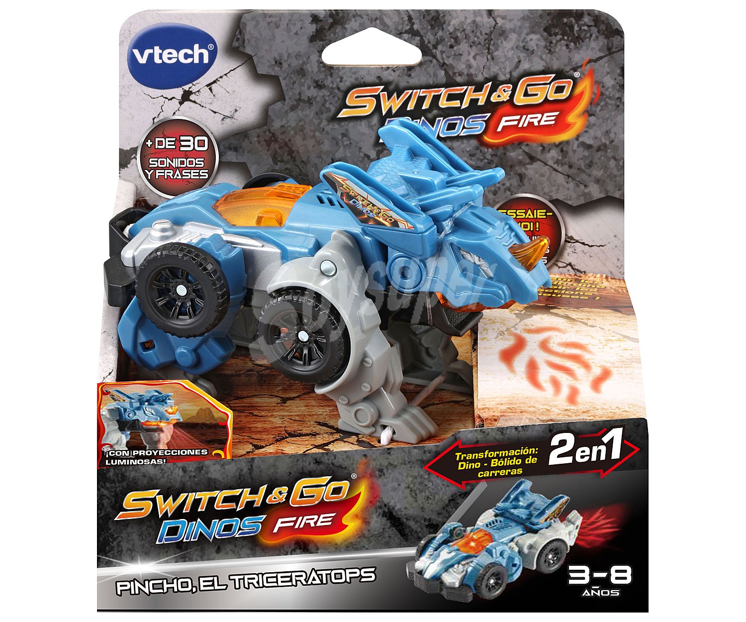 Dinosaurio transformable Switch & Go Dinos Fire el Triceráops transformable en helicóptero vtech.