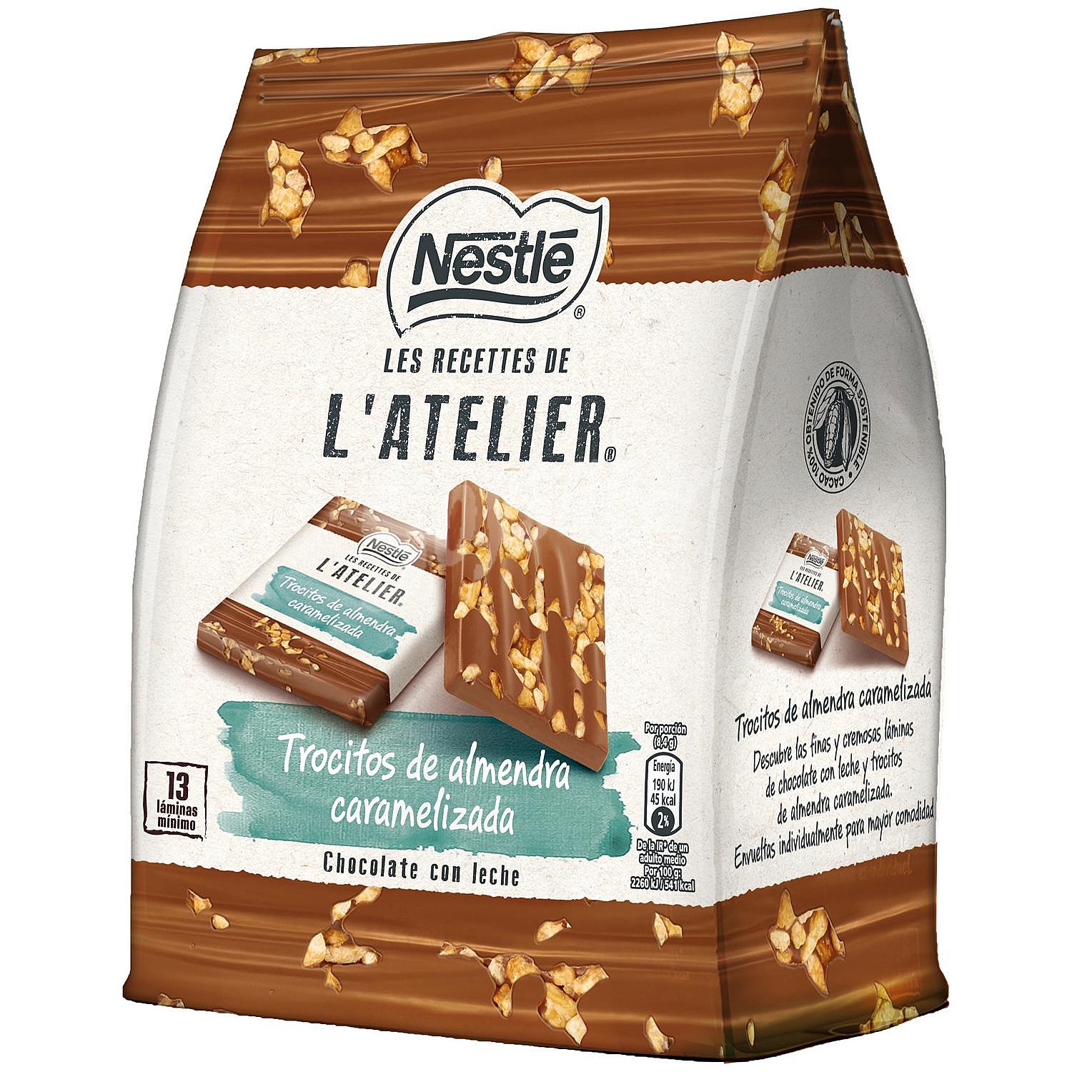 Láminas de chocolate con leche y almendras caramelizada Les Carrés Nestlé