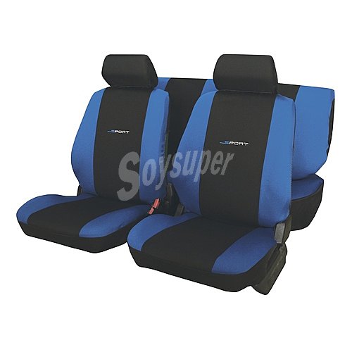 Juego de fundas para asientos de automóvil de talla única y fabricadas en poliester de color negro con los laterales en azul CAR factory Daytona