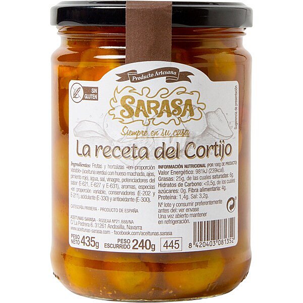 La receta del Cortijo aceitunas verdial con hueso ajos y pimientos rojos aliñados frasco 240 g neto escurrido