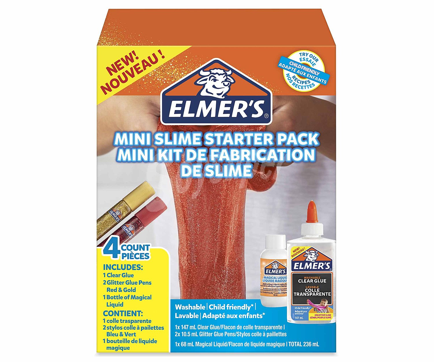 Kit de slime, pegamento con purpurina rojo y dorado + botella de activado líquido mágico para slime, 2 unidades, elmer's.