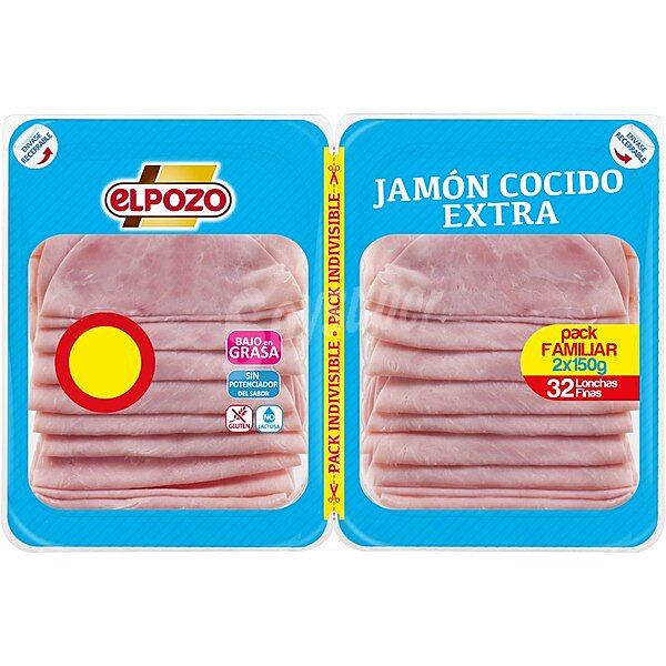 Jamón cocido extra bajo en grasa en lonchas sin gluten sin lactosa pack 2 x 150 G