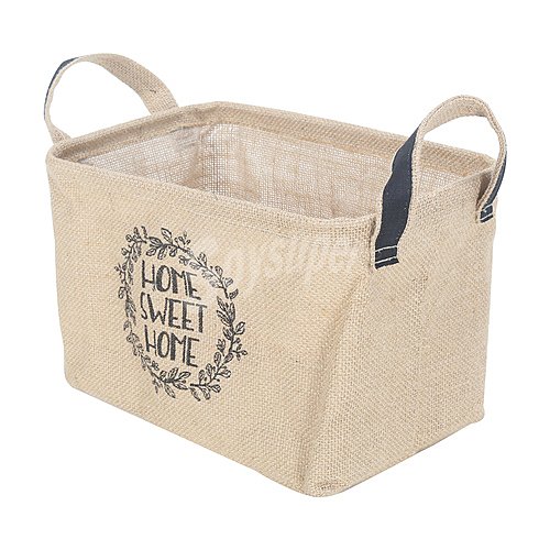 Cesta de tela yute color beige con asas y decorado Home, sweet home, 30x20x20 cm. actuel