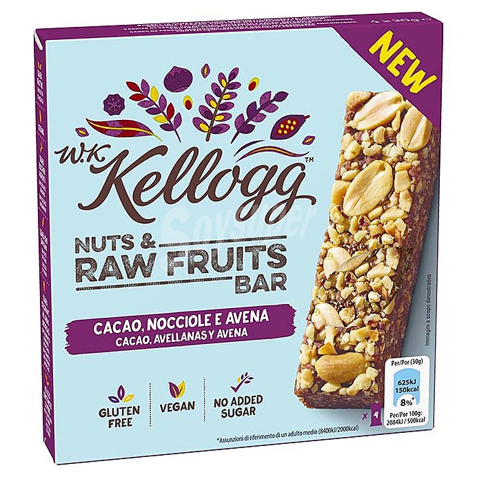 Barritas de cereales, cacao y frutos secos kllogg´s