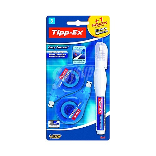 2 cintas correctoras de 12 m y 4.2mm + 1 corrector en formato bolígrafo tipp-ex Shake´n´squeeze