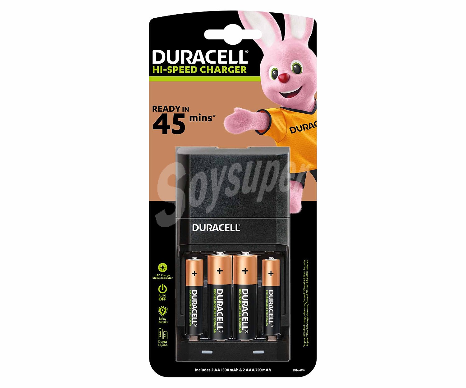 Pack cargador de pilas y 4 pilas recagables (2xAA + 2xAAA) duracell