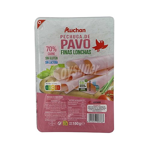 Producto alcampo Pechuga de pavo (70% carne) cocida y cortada en finas lonchas producto alcampo