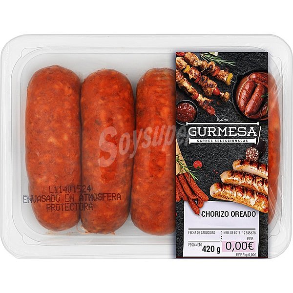 Chorizo fresco oreado sin gluten peso aproximado bandeja 450 g