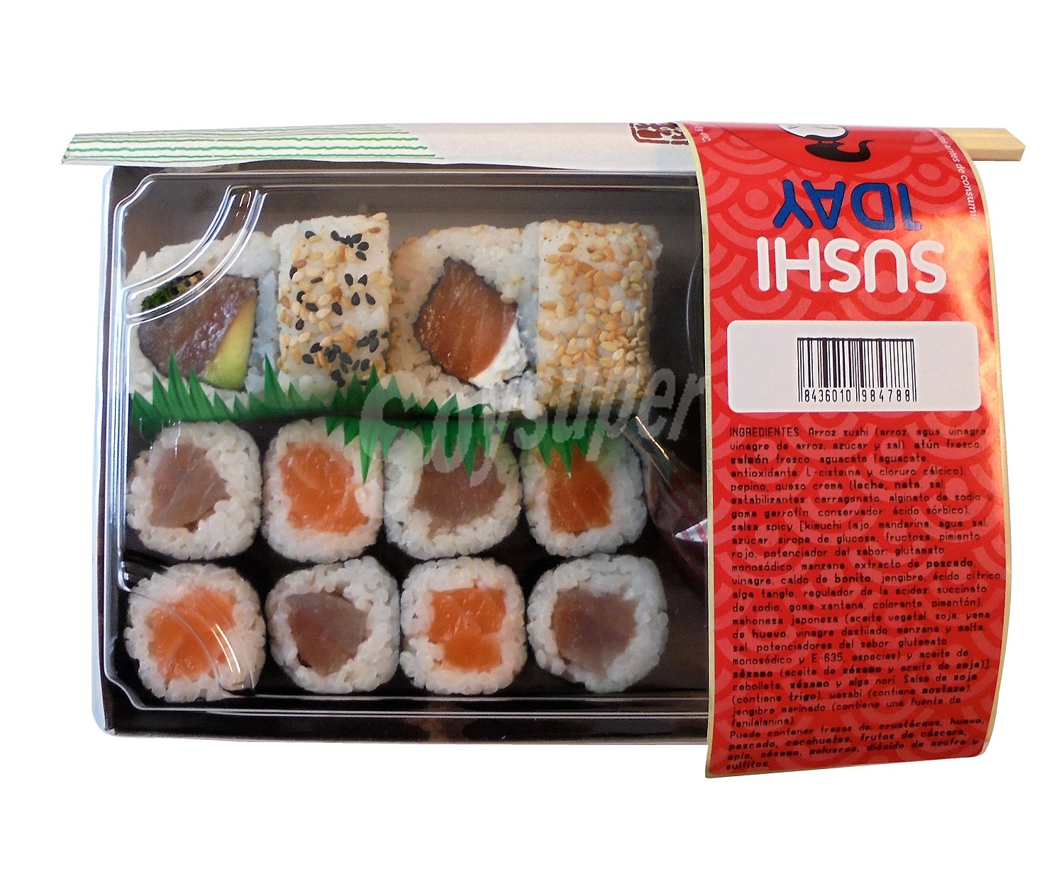 Bandeja de sushi fresco compuesta por 4 makis de salmón fresco con queso crema, 4 makis de langostino y mango, 4 makis de aguacate y 4 makis de surimi, mahonesa y masago naranja