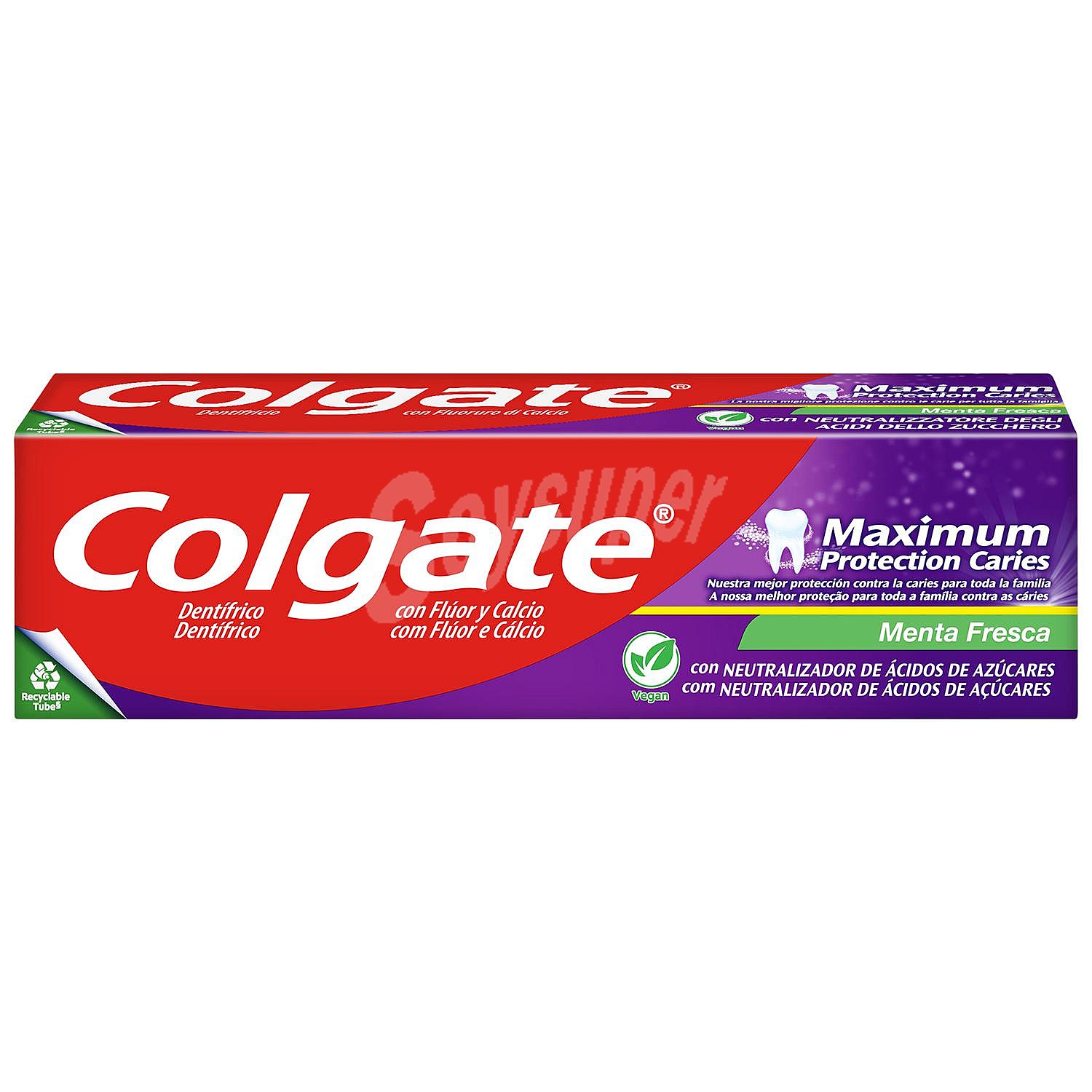 Pasta de dientes con flúor, sabor a menta fresca colgate Maximun protection caries