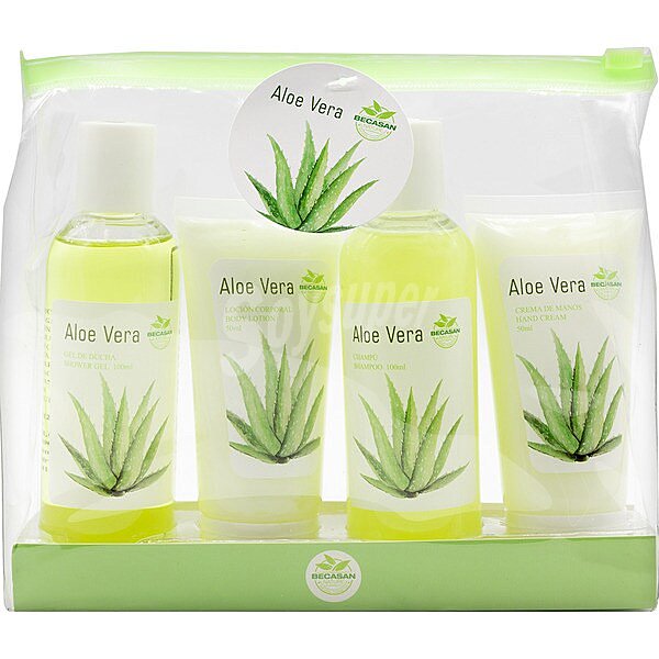 Bolsa de aseo Aloe Vera con gel de ducha frasco 100 ml + loción corporal + champú frasco 100 ml + crema de manos tubo 50 ml