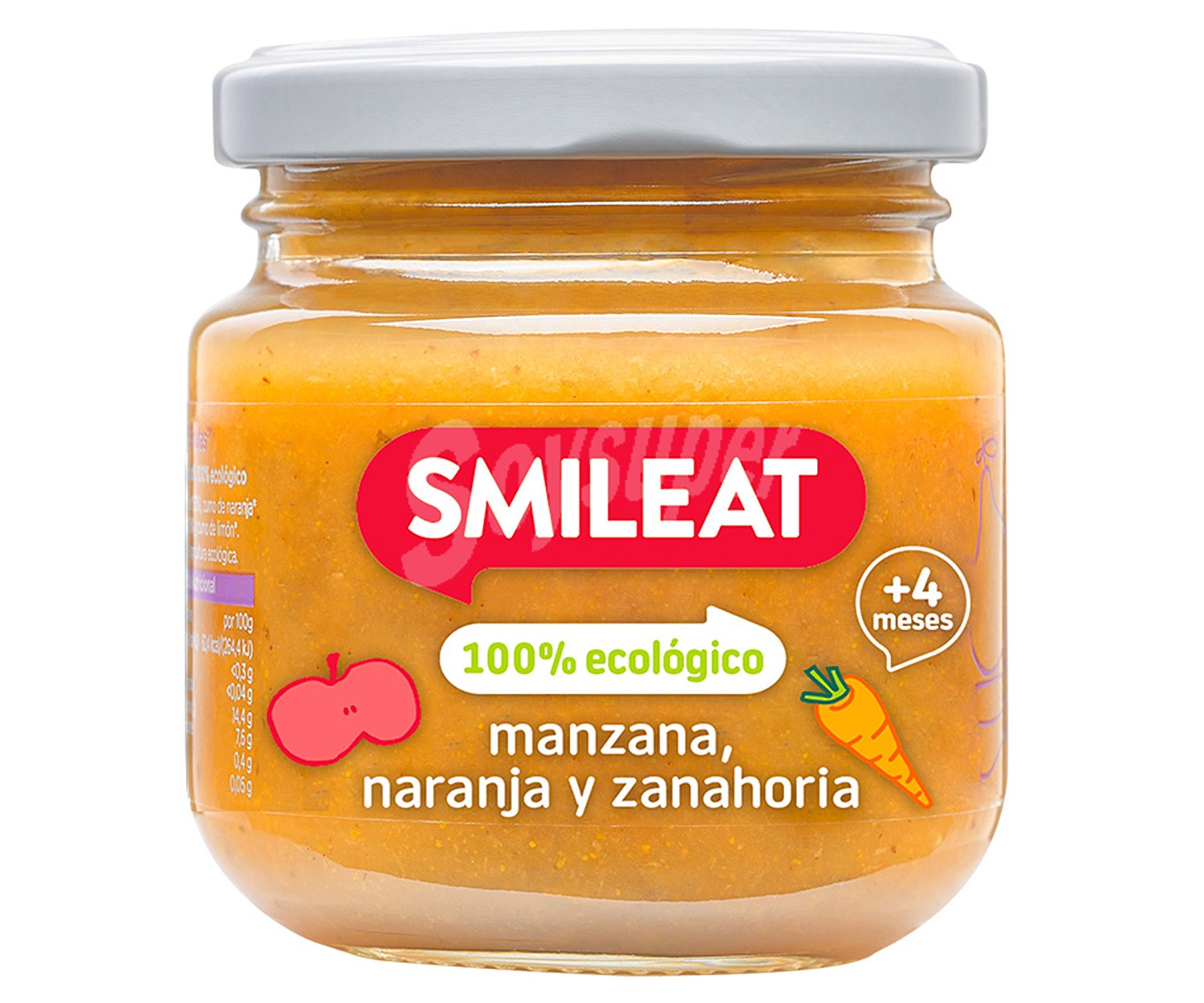 Smileat Tarrito de fruta y hortalizas 100% ecológicas (manzana, naranja y zanahoria), a partir de 4 meses smileat