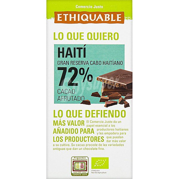 Chocolate negro 72% cacao afrutado de Haití ecológico y de comercio justo