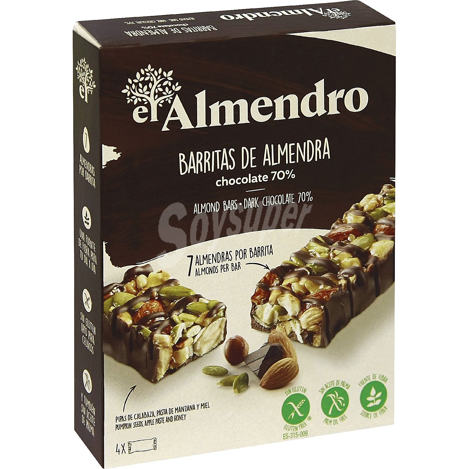 Barritas de almendra y chocolate negro 70% El Almendro sin gluten