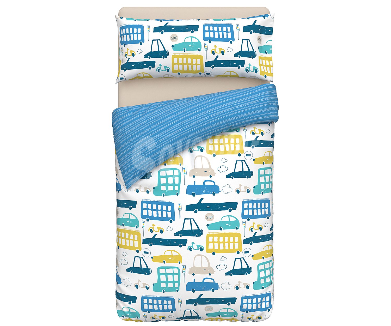 Funda nórdica y funda de almohada con diseño infantil de coches, cama 90cm., actuel.