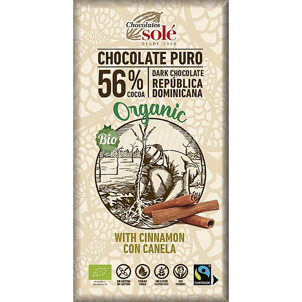 Sole Organic Bio chocolate 56% cacao de República Dominicana con canela ecológico sin gluten