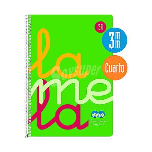 Cuaderno con tapas de polipropileno color verde, tamaño cuarto, cuadrovía 3mm, 80 hojas, editorial lamela