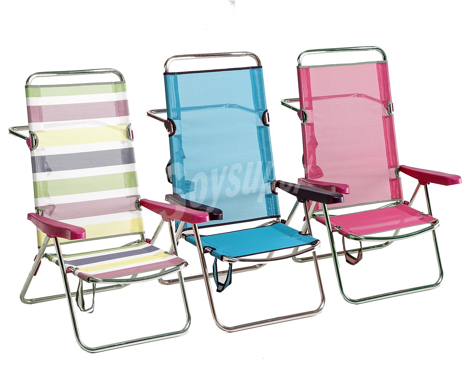 Silla plegable con posición de cama para camping y playa. Fabricada en aluminio, con asiento y respaldo alto de textileno, medidas 60x65x100 centímetros fiberline