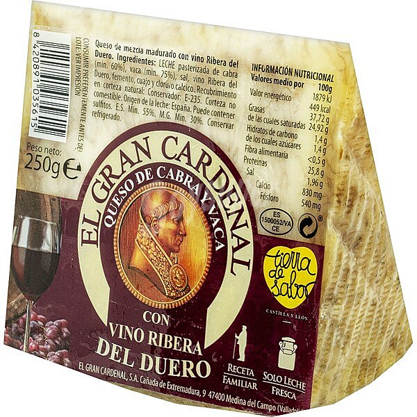 Queso de cabra y vaca con vino Ribera del Duero elaborado con leche pasteurizada cuña 250 g