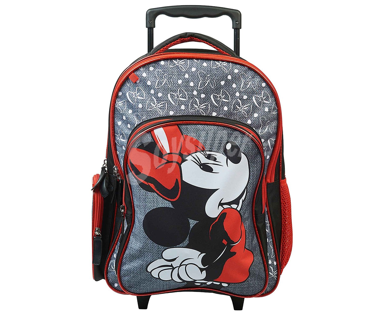 Mochila infantil con ruedas + 2 compartimentos y bolsillo frontal, color gris, minnie.