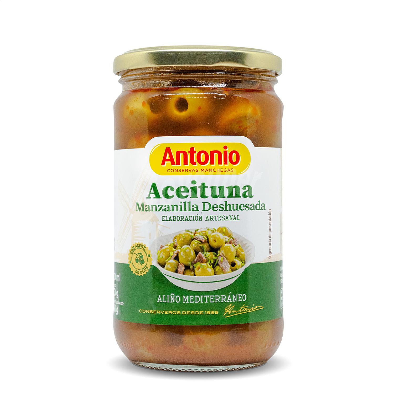 Aceitunas verdes manzanilla sin hueso sabor mediterráneo Antonio