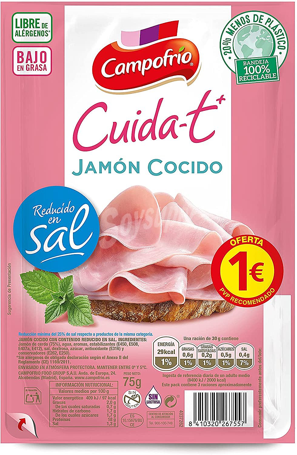 Cuida-t+ jamón cocido bajo en grasa reducido en sal en lonchas sin gluten sin lactosa